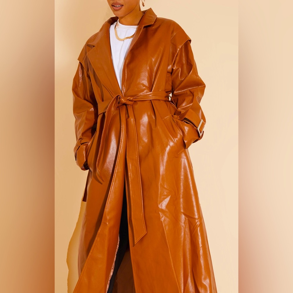 Camel Faux Leather Shoulder Detail Midi Trench | Size 12